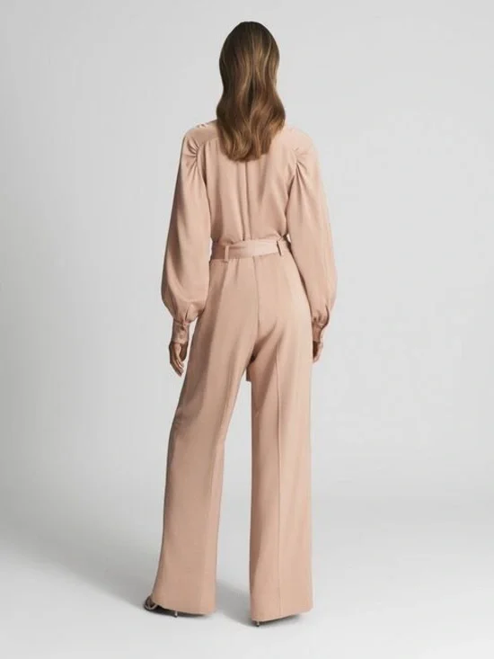 Reiss Elsa Blush Wide Leg Jumpsuit Belted V-Neck Long Sleeve Size 6 25270 - Picture 4 of 16